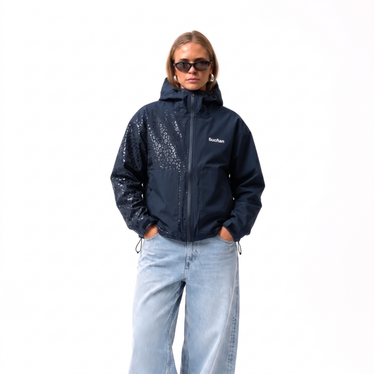 Water Reactive Cheetah Rain Jacket - Navy